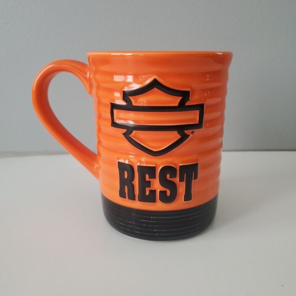 Harley Davidson Orange Black Ribbed REST Ceramic Coffee Cup Mug 16 OZ